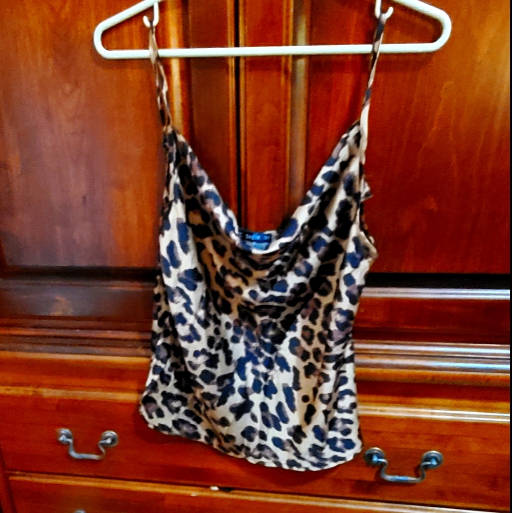 New leopard silky cowl neck top